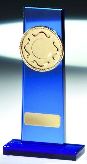 A66558 Blauglas-Trophäe mit Metallfassung inkl. Beschriftung | 19,0 cm